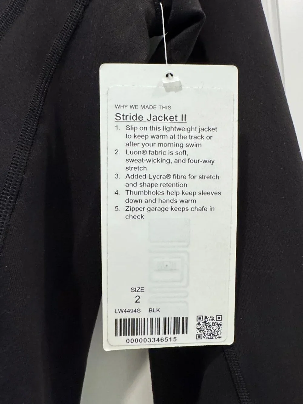 NWT Lululemon Stride Jacket II Black Full Zip Hoodie Thumbholes Size 2